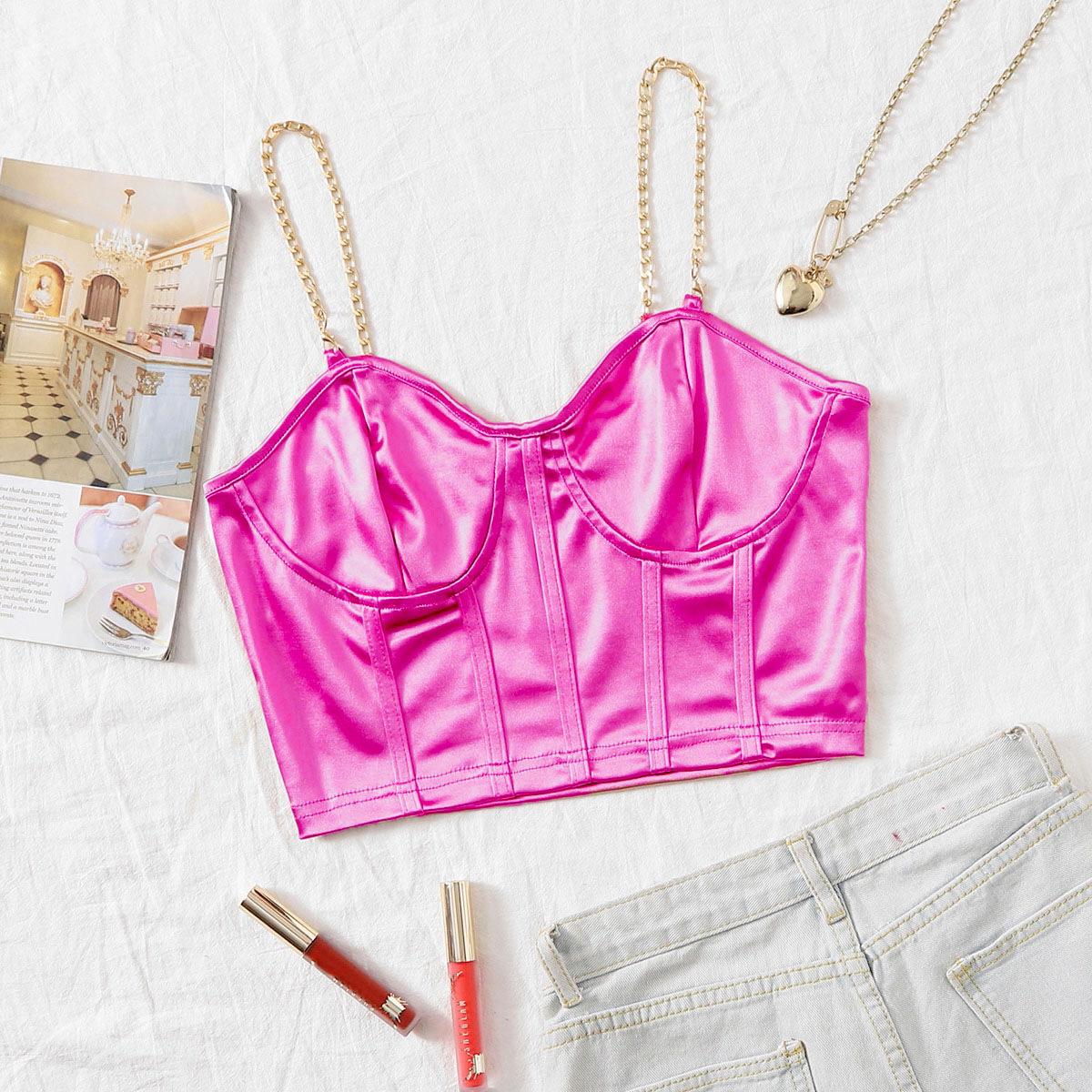 

Сексуальный топ на бретельках с металлической цепочкой и V-образным вырезом, однотонный укороченный топ с лямкой на шее, женские летние майки с открытой спиной, модный повседневный женский укороченный жилет без рукавов Y2K M розы красного