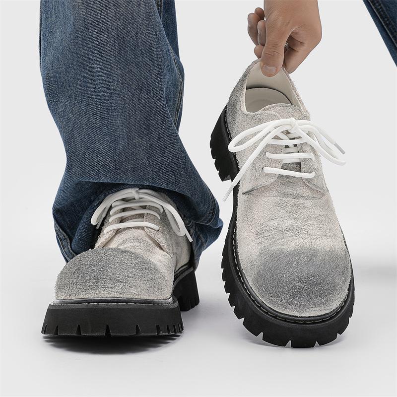 Fashion 2025 Unisex Style Nubuck Suede Leather Round Toe Thick Bottom Platform Men Pumps Solid Color Lace Up Western Casual Derby Shoes