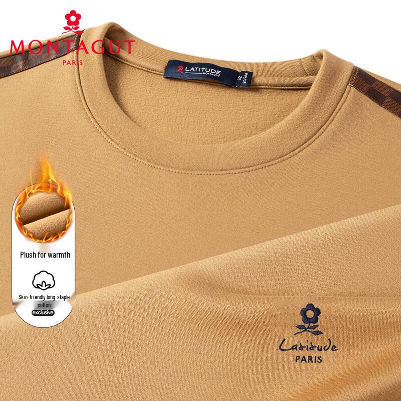 

MONTAGUT Men s Fleece-Lined Round Neck Sweatshirt with Faux Leather Plaid Patchwork 2XL