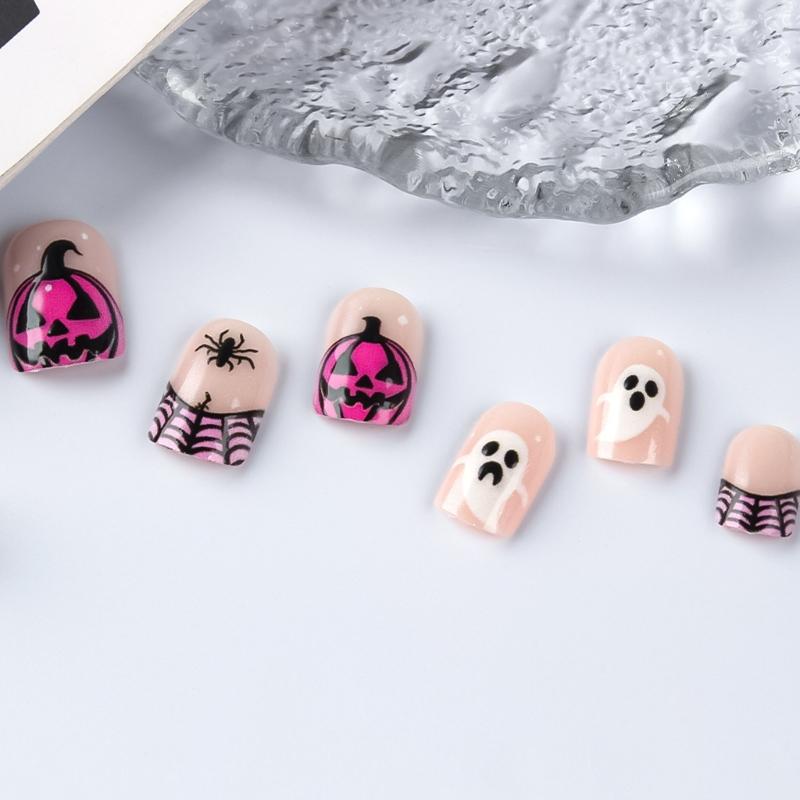 Halloween Fake Nail Short Square Spiders Web Pumpkin Art Durability NonToxic Artificial Nail for Costume Parties
