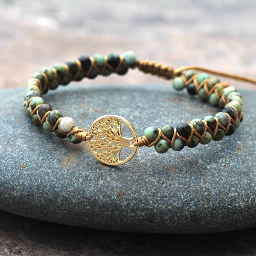 Double-Layer Braided Bracelet with Tree Charm & African Turquoise Beads