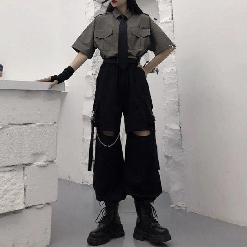 Gothic Streetwear Women's Cargo Pants with Chain Punk Techwear Oversize  Fashion Wide Leg Trousers