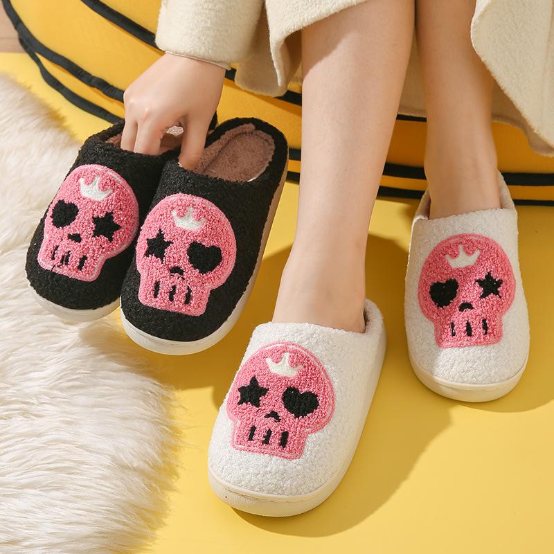 Winter Skull Print Halloween Plush Lined Warm Bag Toe Shoes Plush Home Indoor Cotton Slippers