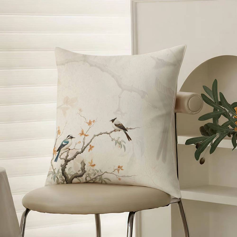Chinese Style Simple Bird Flowers Pillow Case Comfort Sofa Bed Silky Elegant Invisible Zipper Decorative Cushion Cover