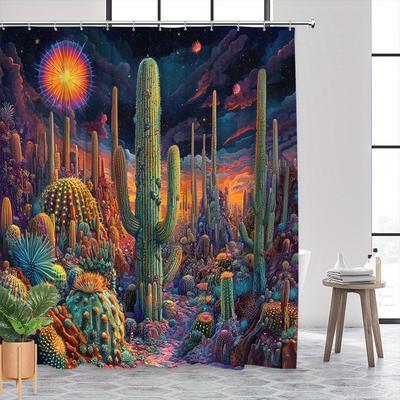 1 Surreal Desert Shower Curtain with Glowing Cacti, Fantasy Neon Plants and Starry Sky Design, Polyester, Vibrant Curtain Design