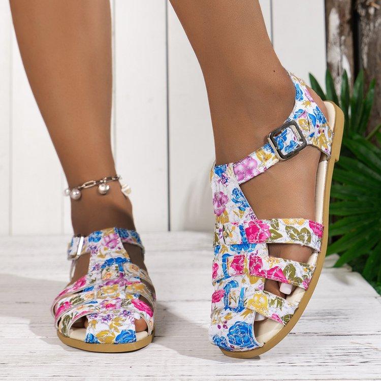 Large Size Bag Head Flat Heel Hollow Color Printed Beach Sandals Summer New Broadband Women's Shoes
