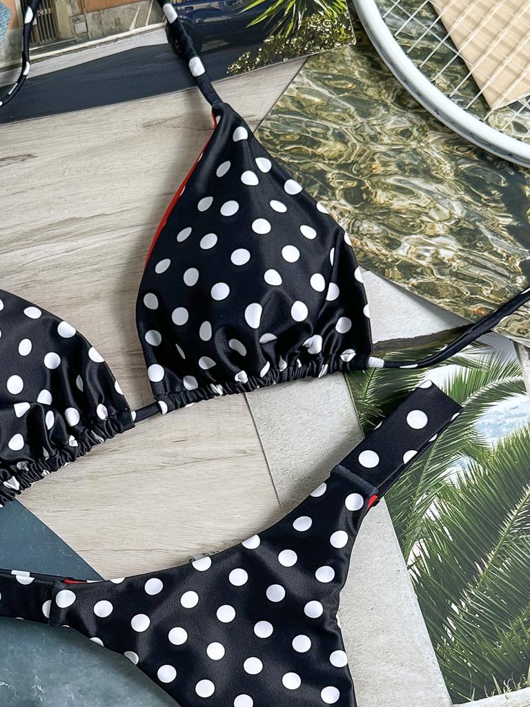 Sexy Black Polka Dot Print Micro Bikinis Sets Two Pieces Halter Back Tie Thong Swimsuits Bathing Suit Swimwear Biquini Tankini