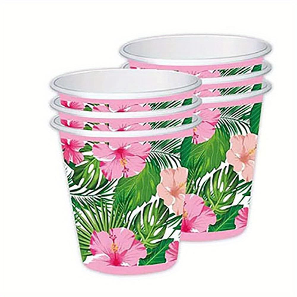 Pink Hawaiian Paper Cups Napkins Plates Tropical Luau Party Supplies Disposable Plates and Party Napkins Tropical Palm Leaf and Hibiscus Aloha
