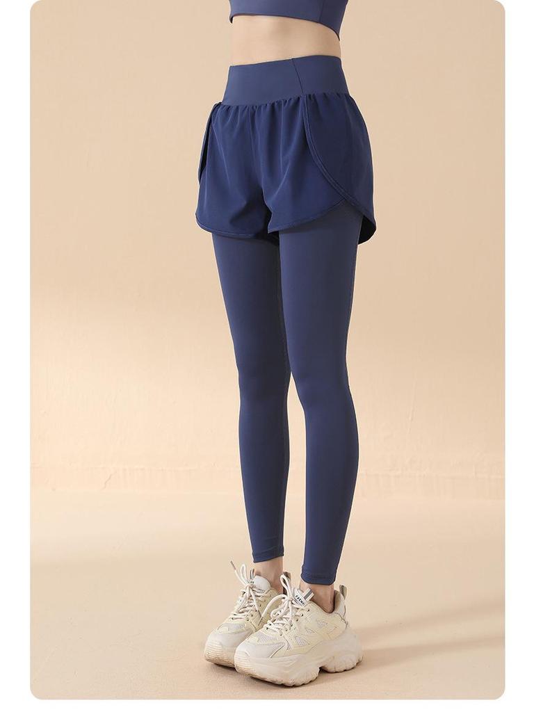 2025 High Waist Yoga Pants: Fake Two-Piece, Elastic, Hip-Lifting, Tummy Control, Nude Feel, Anti-Exposure Running and Fitness Wear