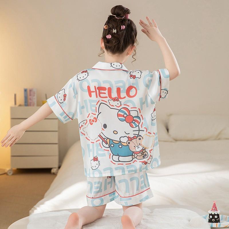 Girls Ice Silk Pajama Set Short Sleeve Cartoon Print Sleepwear 8-14 Years Old Kids