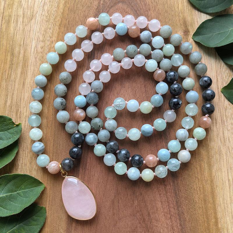 108 Beads Hand Knotted Mala Necklace,Natural Rose Quartz,Aquamarine,Sunstone,Labradorite,Healing Crystals,Yoga Jewelry Gift