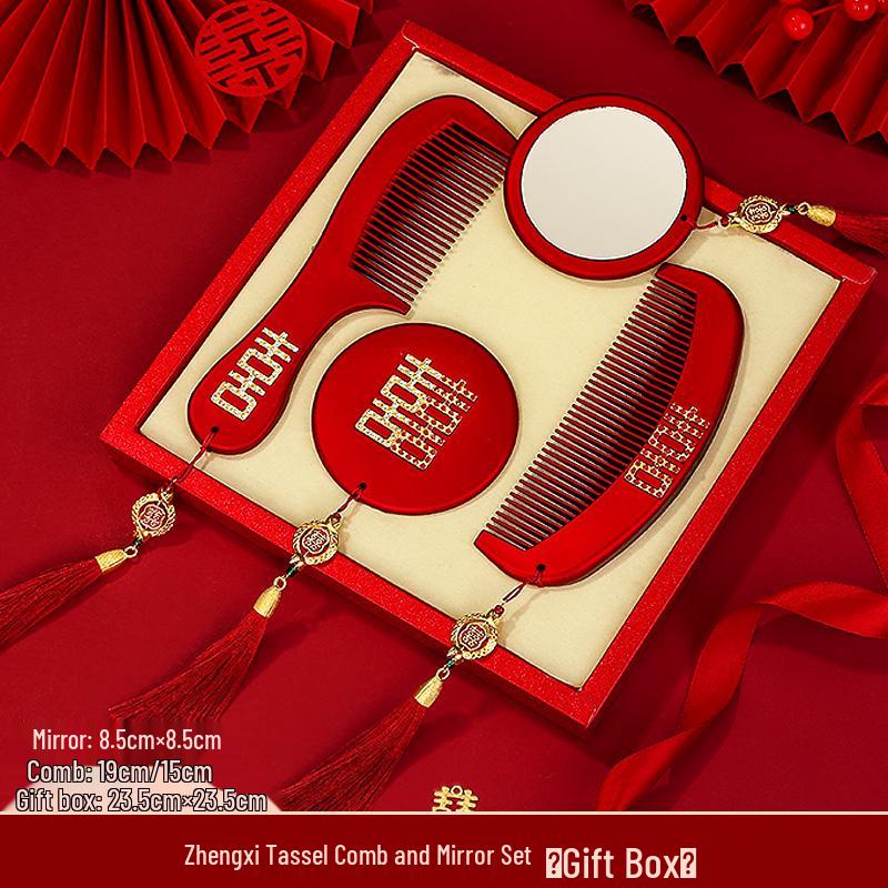 Double Happiness Red Wood Bride Gift Set: Mirror & Comb Collection