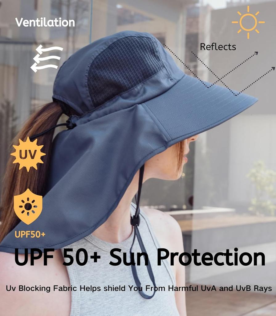 UV Sun Protection Hat for Women Foldable Wide Brim Neck Flap Fishing Hat with Ponytail Hole