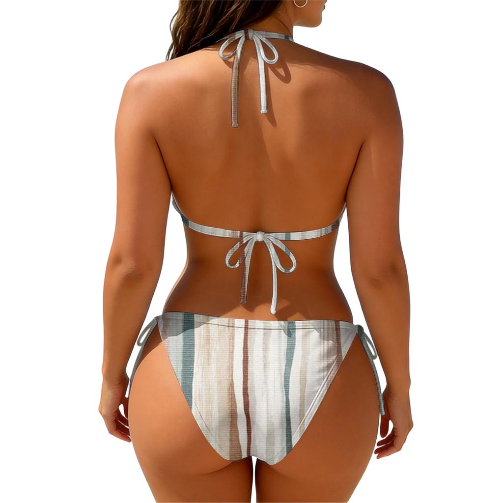 Women's Casual Two Piece Bikini Set Halter Neck Top with Adjustable Tie Side Bottoms Lightweight Fabric Striped Print Swimwear