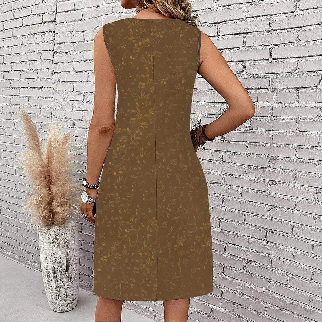 Plus Size V Neck Sleeveless Dress Ink Mountain Stream Print For Water Town Sightseeing