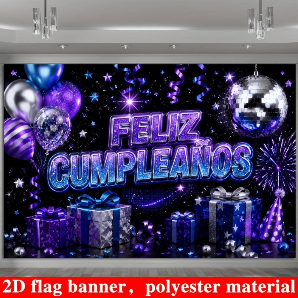 Birthday Party Banner Backdrop Purple Blue Glitter Balloons Gift Boxes Disco Ball