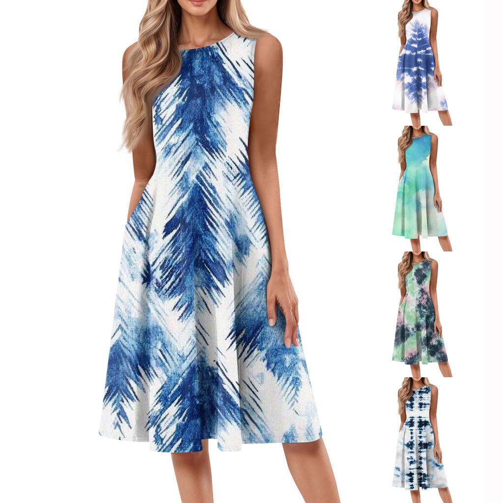 Women's Casual Fashion Tie- Printed Round Neck Sleeveless Color Midi Dress