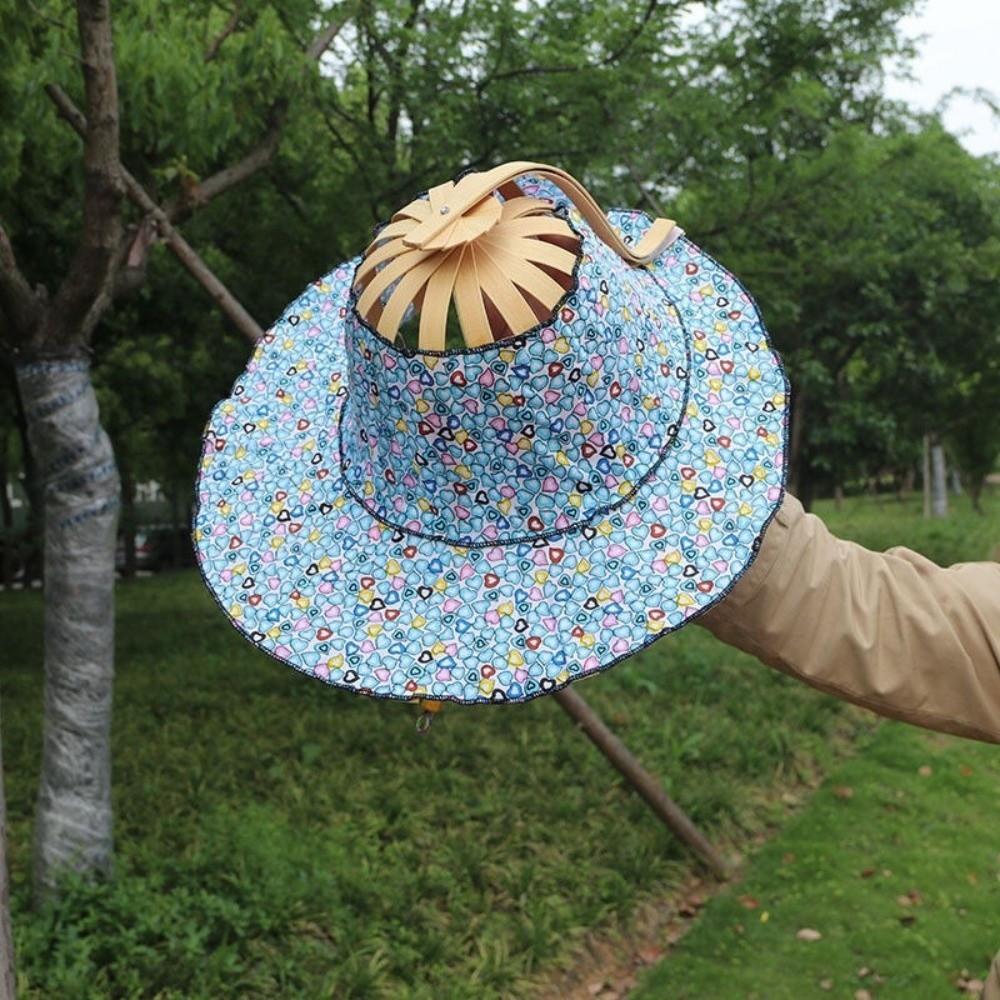 Floral Printed Folding Fan Hat Wide Brim Bamboo Sunscreen Cap Multi-functional Fan Sun Hats Beach