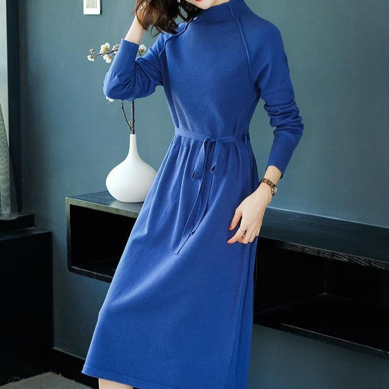Casual Sweater Dress for Women Mid-length Turtleneck Knitted Sweater Large-sized Solid Color Pullover Long-sleeved Knitted Dress