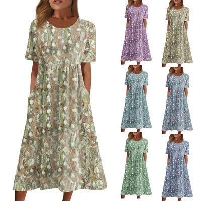 Women's Casual Dresses Printed Dresses Summer Dresses Printed Pleated Round Neck Midi Dresses Basic Classic Outdoor Daily Short Sleeve Loose Dresses