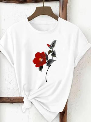 (Asiatische Größe) Print T-Shirt Top süßer Blumenstil Trend niedlich Frauen Frau Mode Kleidung T-Shirt Weiblich Kurzarm Grafik T-Shirts