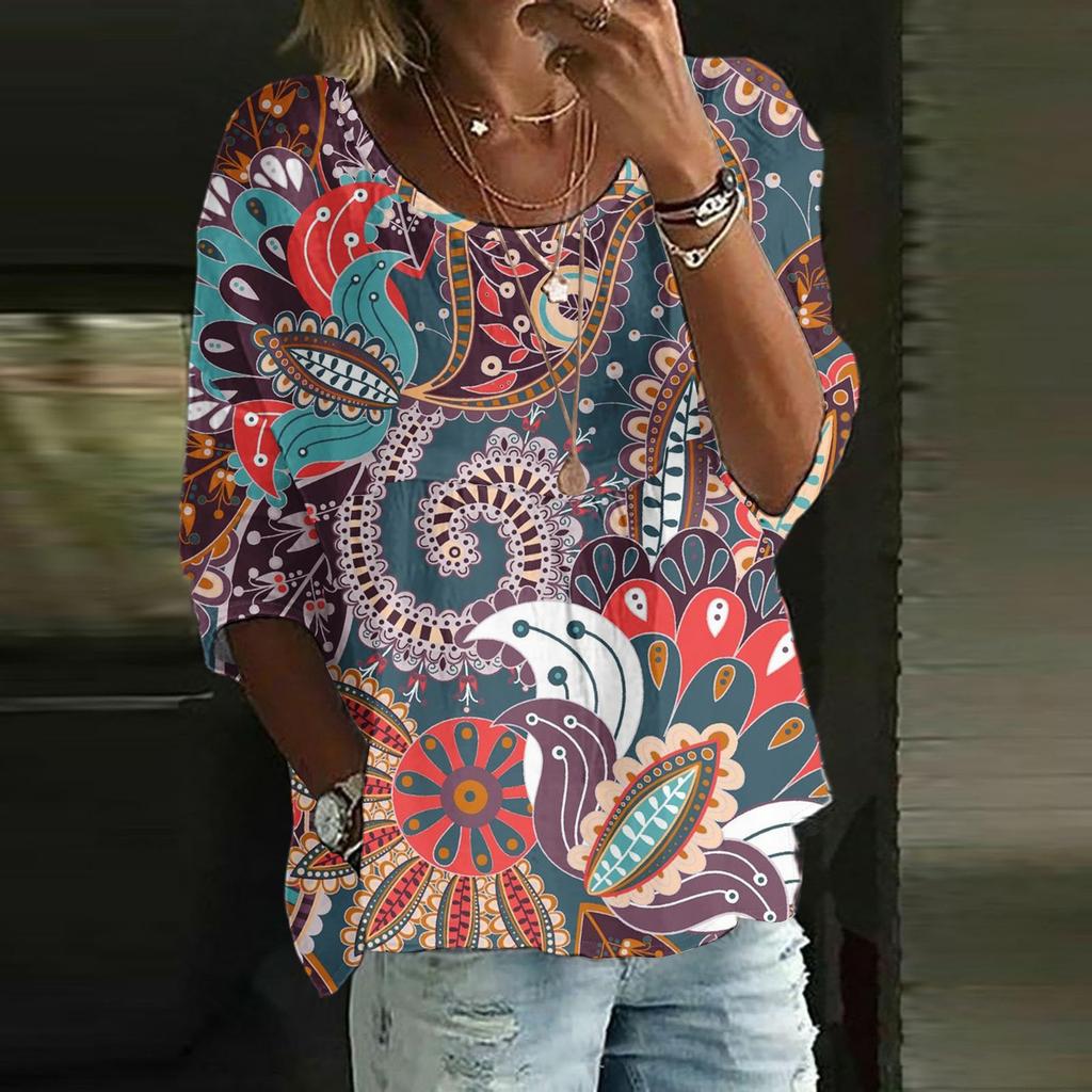 Women's Casual Fashion Three-quarter Sleeve Loose Round Neck Floral Print Top