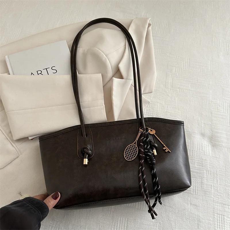 European American Retro Tote Bag, Korean Fashi Shoulder Bags Advanced Simple Handbag New Large Capacity Pendant Versatile Bags