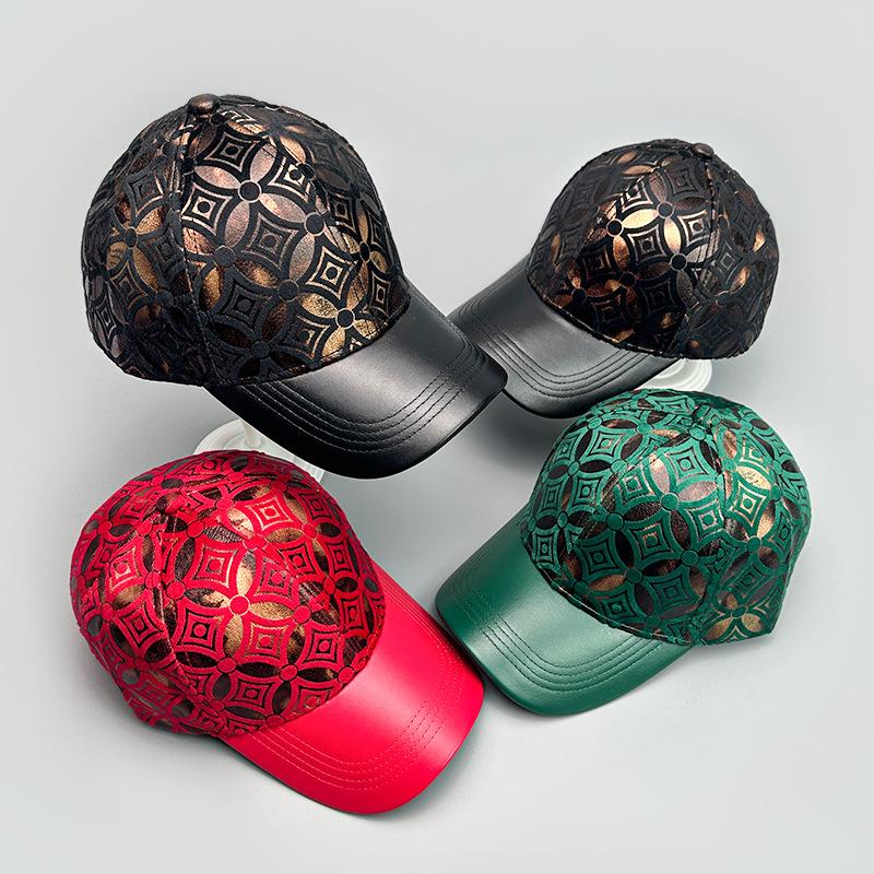 Supermarket Go Women's Green High Quality Bright Leather Fashionable Pattern Baseball Cap Men's And Sunshade Foreign Style High Street Outdoor Cap 52-60Cm