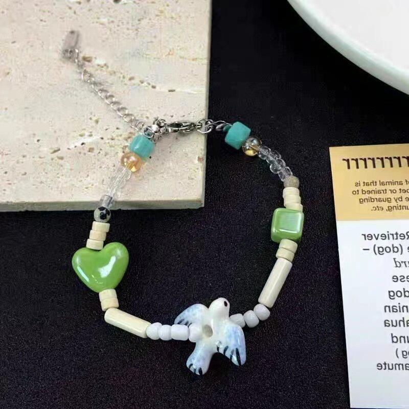Womens Trendy Ceramic Beaded Bracelet With Heart And Geometric Charms Style Retro