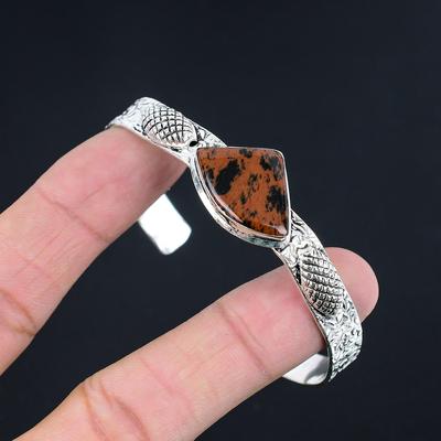 925 Sterling Silver Mahogany Obsidian Gemstone Wedding Birthday Bangle Bracelet