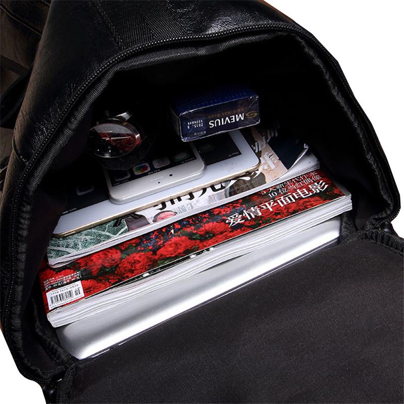 Multifunctional Leather Solid Black Color PU Travel Male Large Capacity Shoulder Backpack School Bag