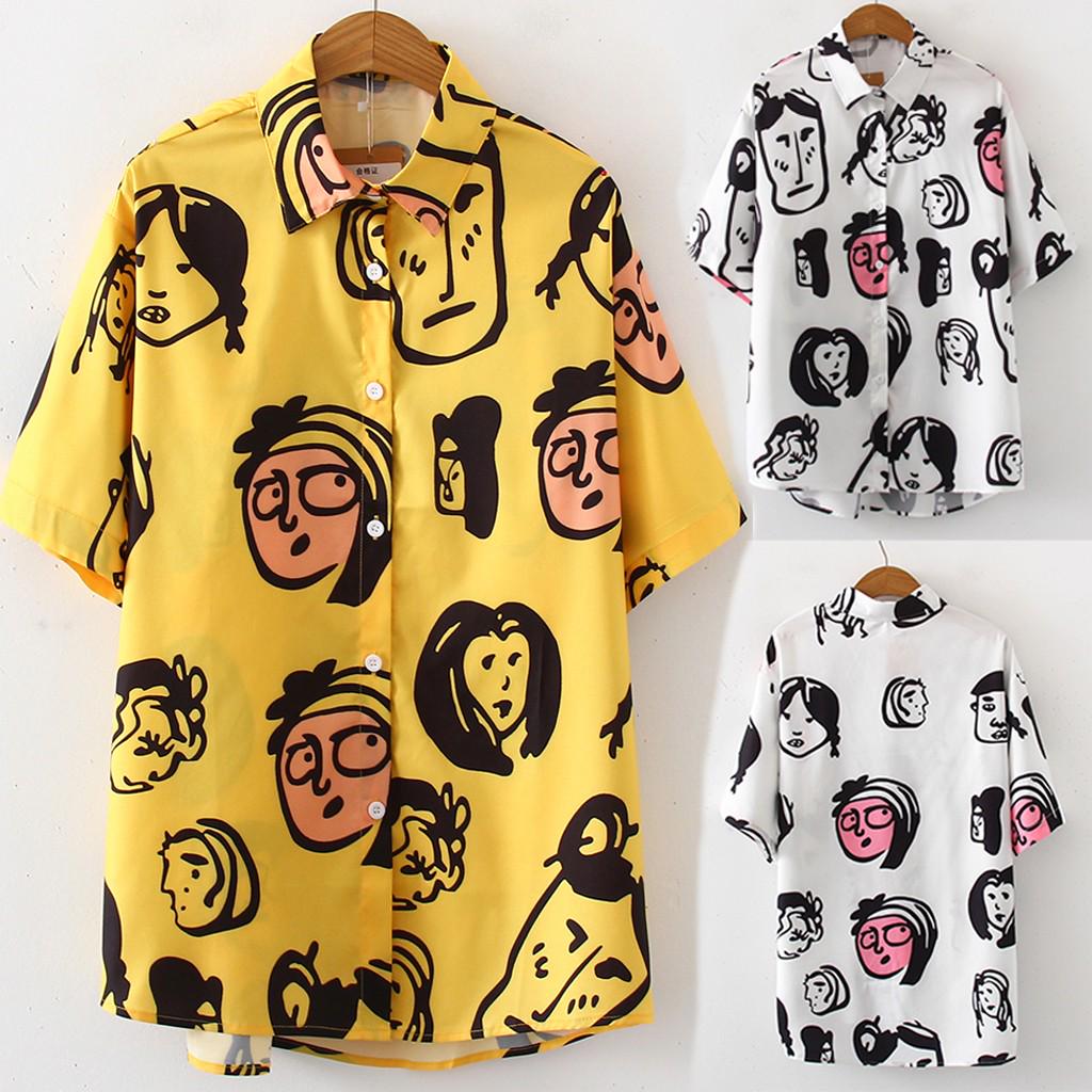 

Модная женская рубашка с принтом и короткими рукавами и лацканами, повседневная свободная блузка