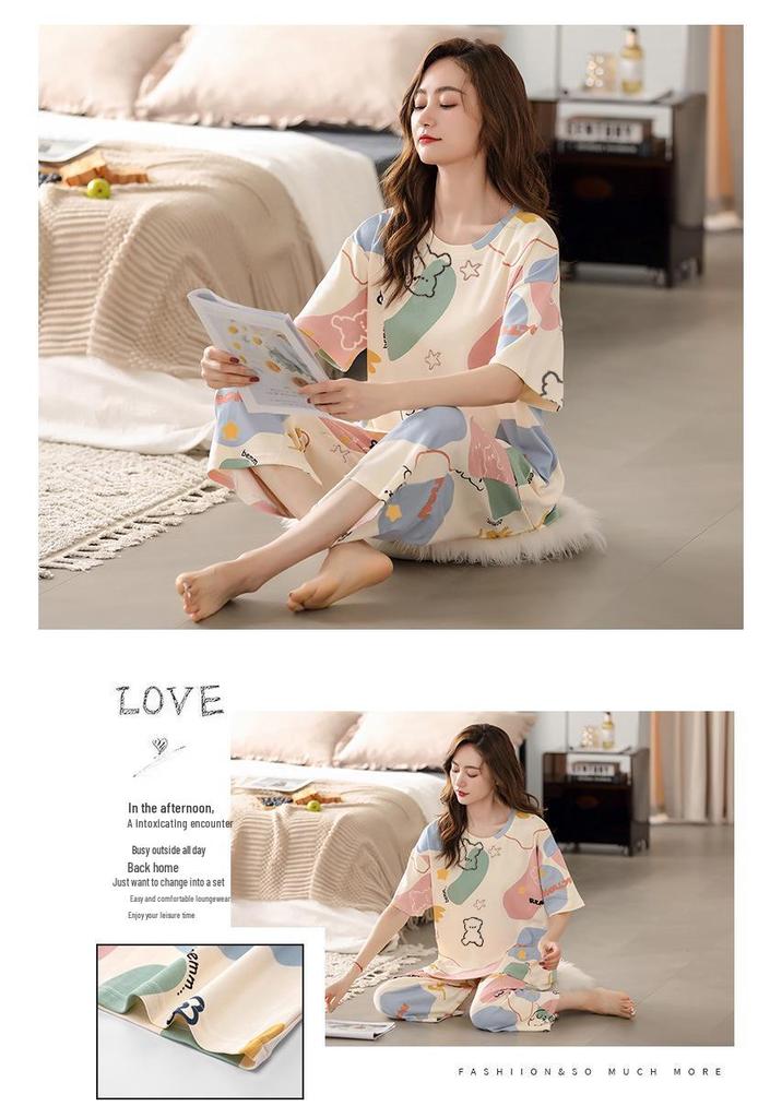 Women's Summer Pajama Set: Short-Sleeved Top and Seven-Point Pants, Cute and Loose, Perfect for Teenage Girls, Suitable for Home or Outdoor Wear.