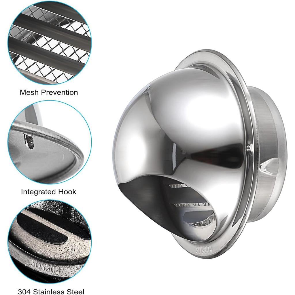 2 Stück 304 Edelstahl Lüftungsgitter Wandlüftungsabdeckung, Rund 98mm Lüftungsgitter Haube Abluftventilator Lüftungsabdeckung mit integriertem