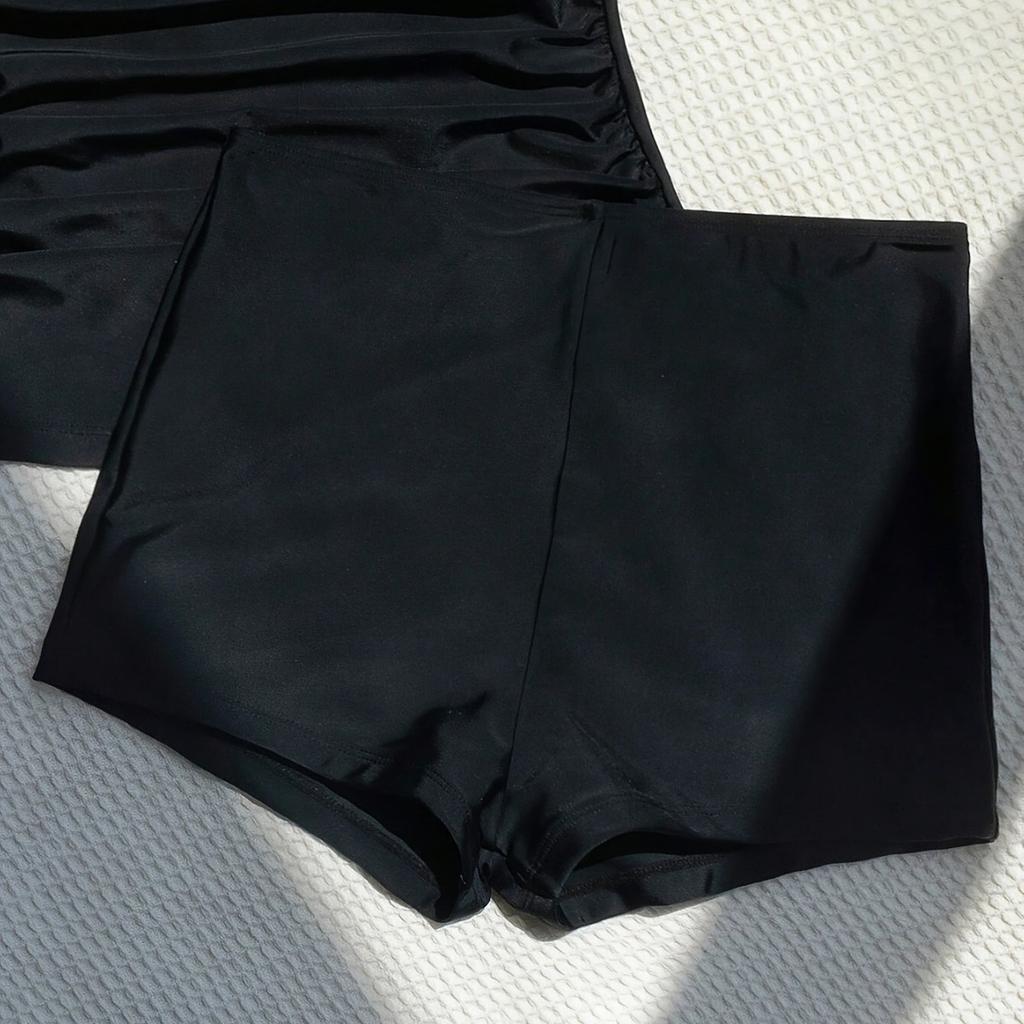 Neuer Europäischer Und Amerikanischer Hals Schwarz Flach Winkel Geteilt Große Größe Bikini Konservativ Gefalteter Badeanzug Damen