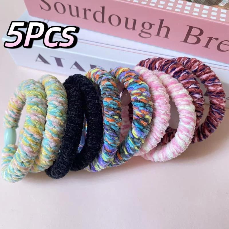 5Pcs Color-Block Plush Hair Ties High Elasticity Thick Rubber Hair Loops Ideal Gift for Women Girls Friends