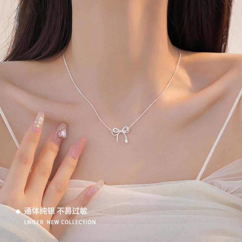 Smart Bow Necklace Women'S Diamond-Encrusted Light Luxury Niche Design Collarbone Chain Item Jewelry Premium Durable