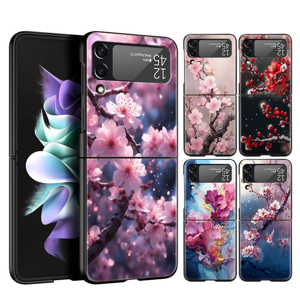 Cherry Blossoms Hard PC Phone Case For Samsung Galaxy Z Flip 5 4 3 Black Cover For Galaxy Z Flip 6 Foldable Shockproof Cases Bag