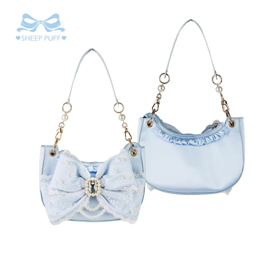 Women Pearl Chain Princess Underarm Bag With Bow And Rhinestone Lolita Shoulder Crossbody Sweet Fashion Daily Handbag