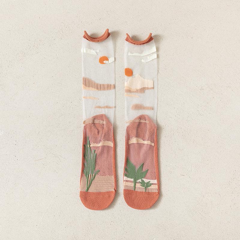 

Spring Autumn AB Glass Stockings: Women s Mid-Calf Retro Abstract Casual, Thin & Breathable Women s Universal (Size 35-40)