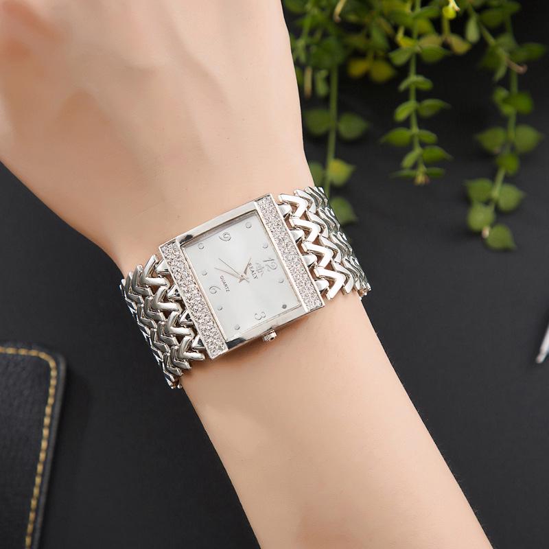 Women's 3D Texture Bracelet Watch with Wide Band & Double Row Czech Diamonds