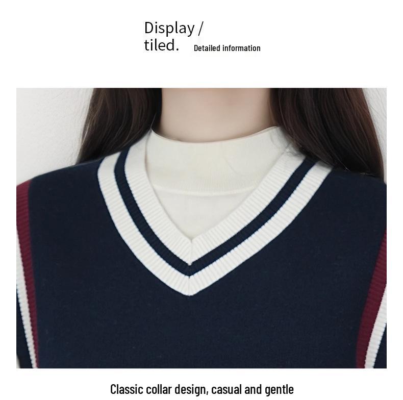 Knitted V-neck Color-Block Vest - Spring & Autumn School Uniform Style Sweater