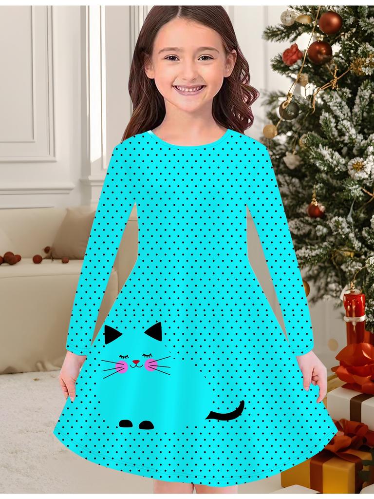 Girls' Autumn and Winter Fashion Dress, 3D Cute Cat Print  Round Neck Long Children's T-shirt Dress, Casual Versatile, Christmas Clothing