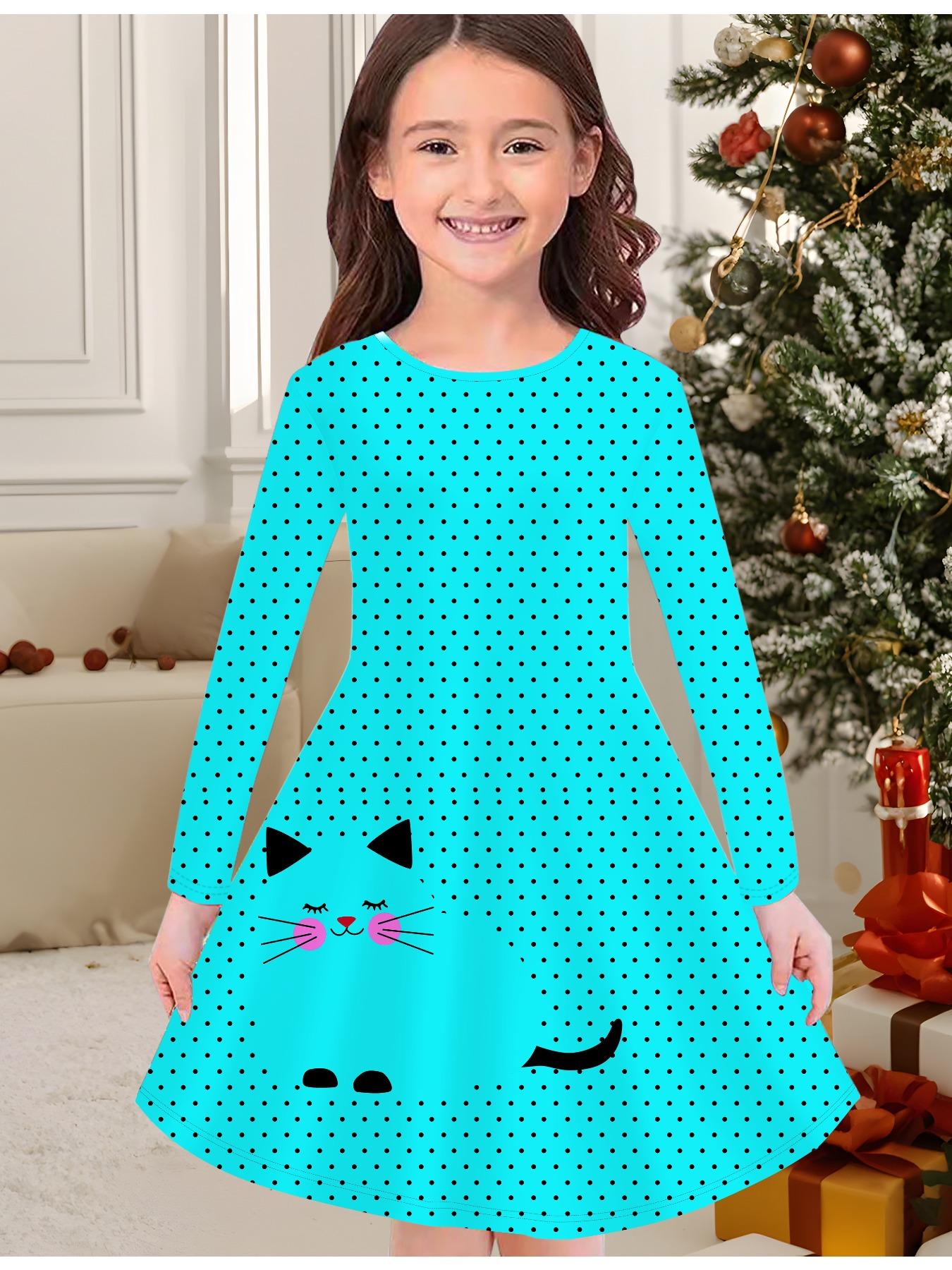 

Модное осенне-зимнее платье для девочек, милый 3D-принт кошки, платье-футболка с круглым вырезом и длинным рукавом, повседневное, универсальное, рождественская одежда 170 синий