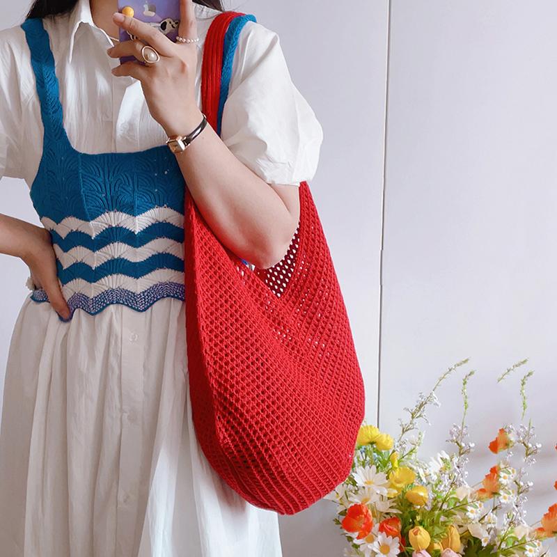 Yogodlns Fashion Large Capacity Beach Simple Knitted Women's ShoulderBag Knitted Hollow Woven Inner Tote Bag
