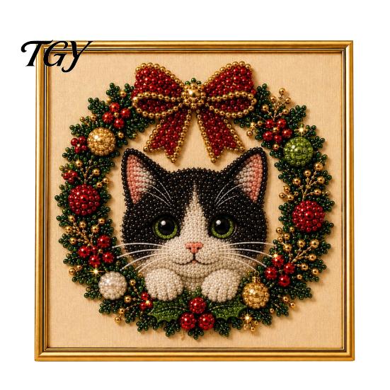 Christmas Themed DIY Projects Faux Pearl Art Kit, Xmas Hat Cat Dog Painting Holiday Home Decor Ornaments 3D Puppy Bead Craft Kit for Adults,