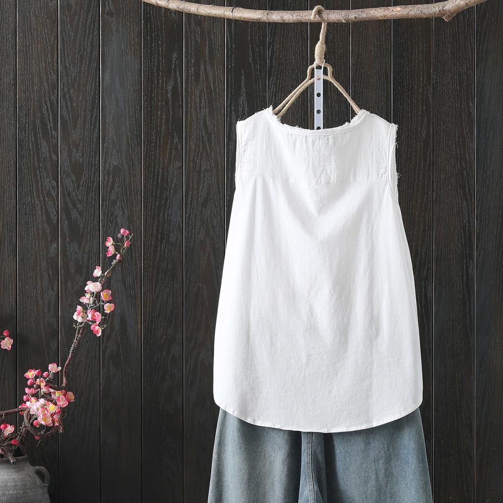 Women's Cotton Tank Tops Japan Fashion Summer Sleeveless Loose T-Shirts Tops Mori Girl Casual Button Down Shirts