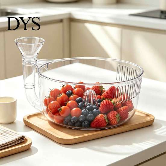 Kitchen Counter Organizer Clear Self Rinsing Berry Washing Bowl, Side Drain Spout And Spiral Convex Modern Fruit Storage Cleaning Container,