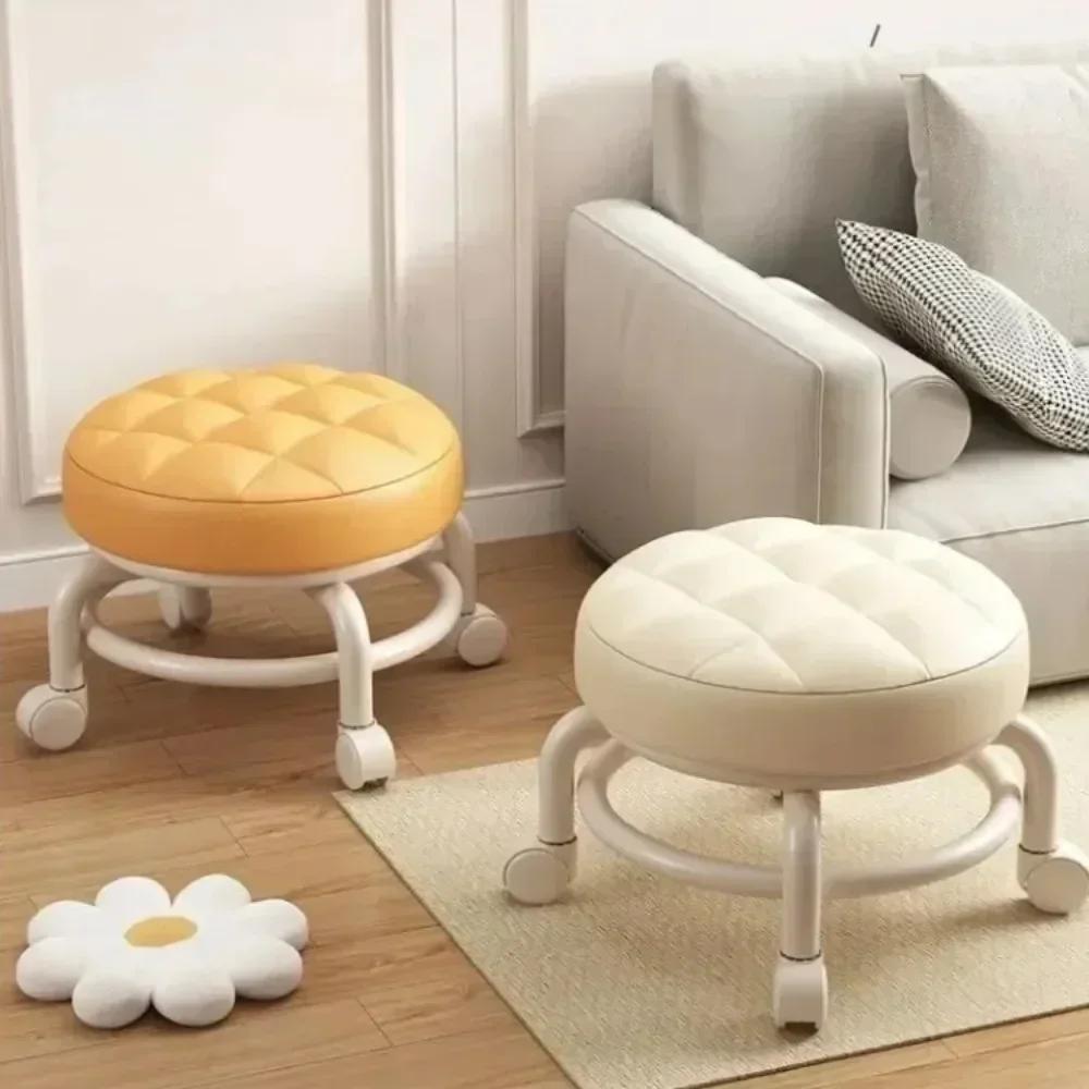 Low Stool with Pulley Waterproof Leather Soft Stool Portable Circular Stool Thickening Sponge Chairs Home Shoe Changing Chair