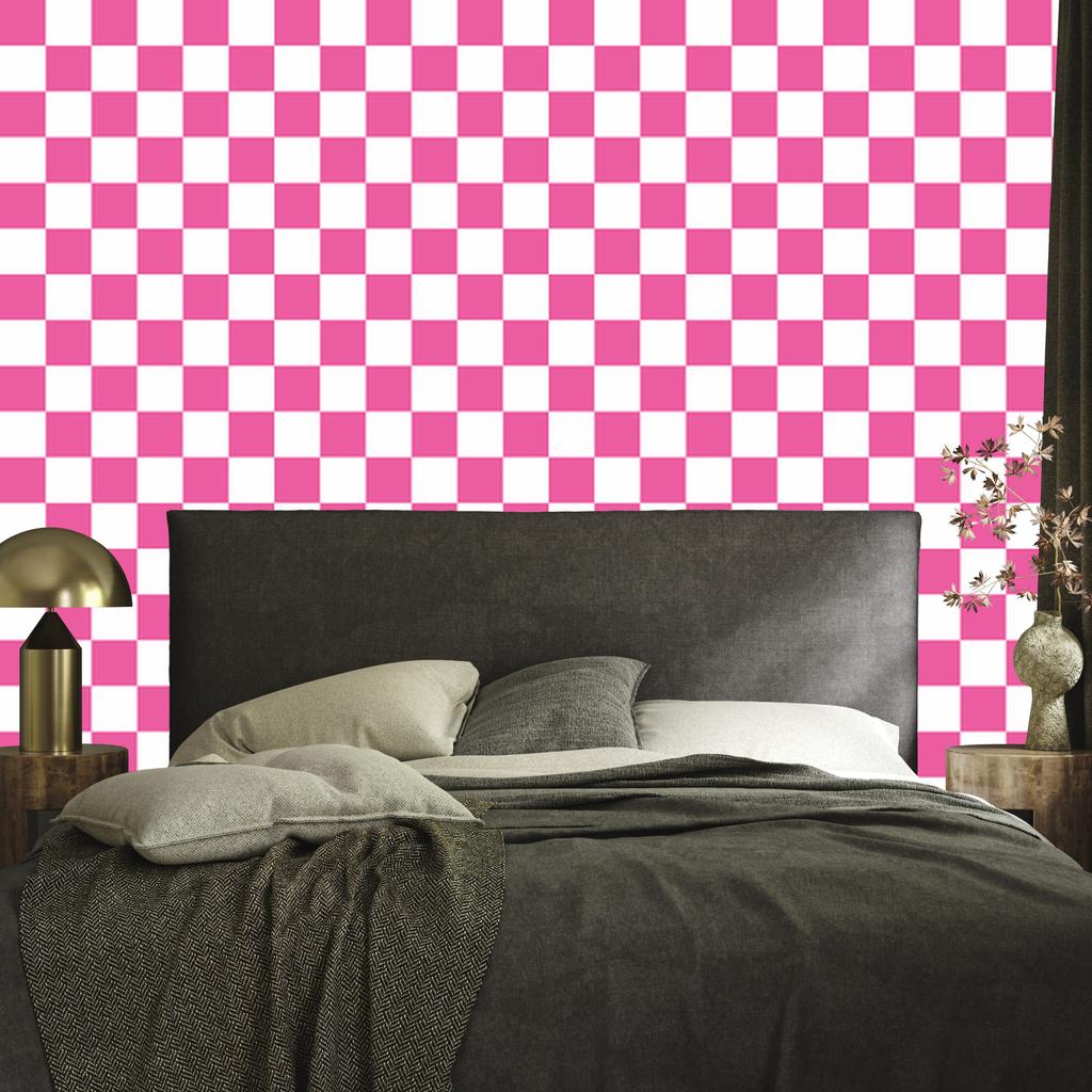 Checkerboard wallpaper, white and purple, powder pink background, 50x1000